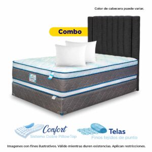 Combo: Cama Completa Extra Sense Plus+Cabecera+Almohadas